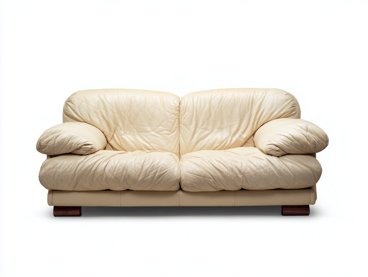 Divano lineare - Pelle-Legno - 220 x 95 x 85 cm - Crema-Marrone - Stile moderno