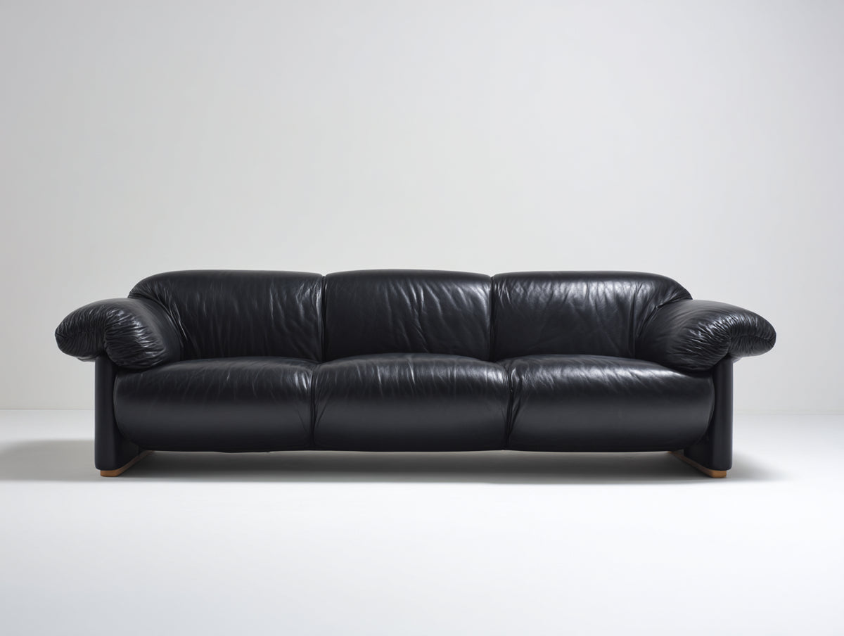 Divano lineare - Pelle-Legno - 260 x 100 x 85 cm - Nero-Marrone - Stile moderno