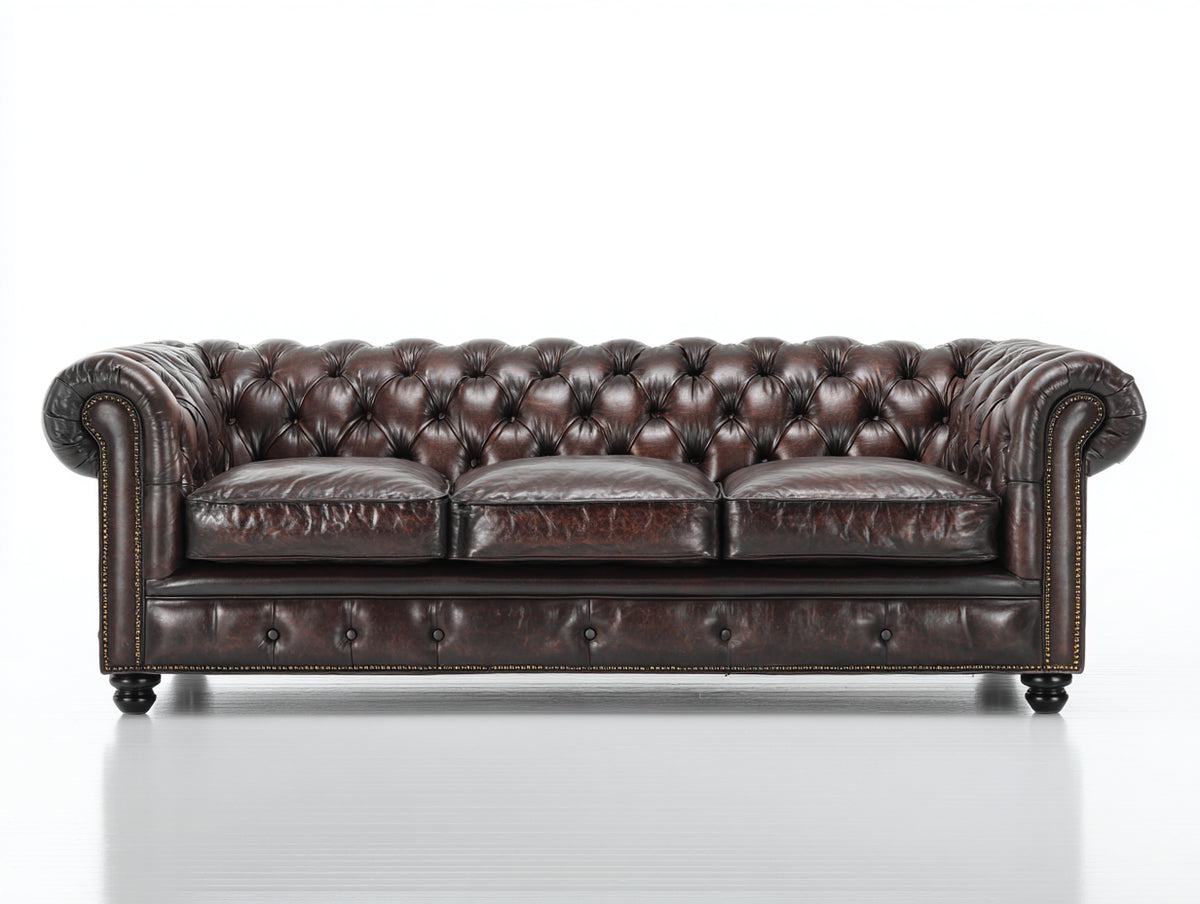 Divano lineare - Pelle-Legno - 250 x 95 x 82 cm - Marrone - Stile classico