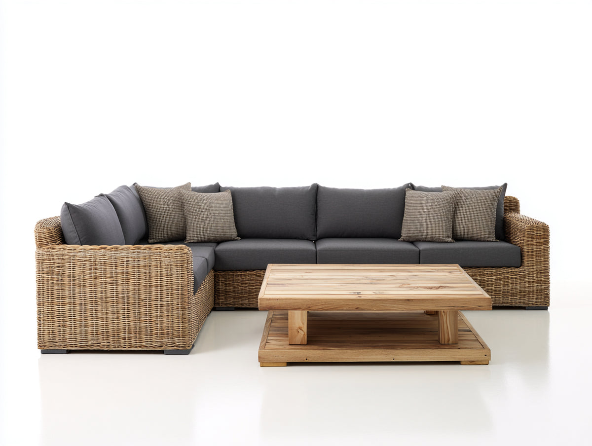 Divani da esterno - Rattan sintetico PE-Tessuto-Legno - 286x160x76 cm - Marrone naturale-Grigio grafite-Legno naturale - Design contemporaneo