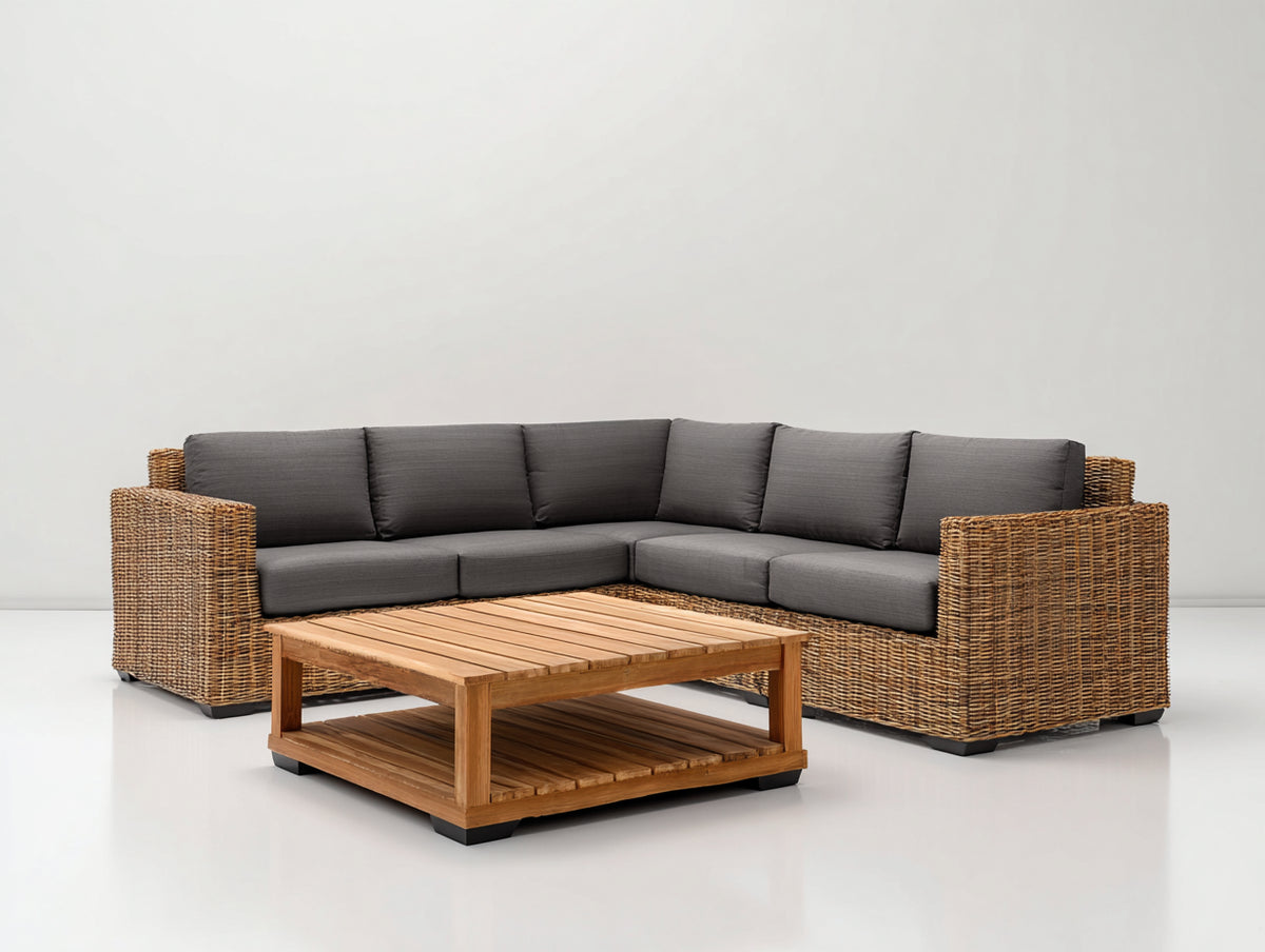 Divani da esterno - Rattan sintetico PE-Tessuto-Legno - 244x244x77 cm - Marrone naturale-Grigio grafite-Legno naturale - Design contemporaneo