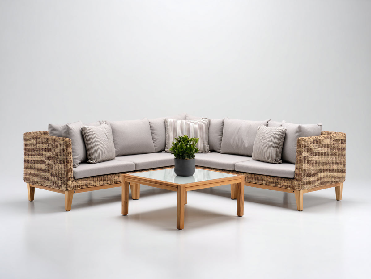Divani da esterno - Rattan sintetico PE-Tessuto-Legno - 242x242x78 cm - Marrone naturale-Beige chiaro-Legno naturale - Design contemporaneo