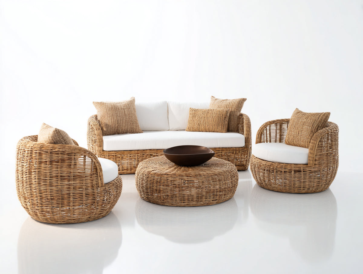 Divani da esterno - Rattan sintetico PE-Tessuto - 178x88x77 cm - Beige naturale-Crema - Stile boho contemporaneo