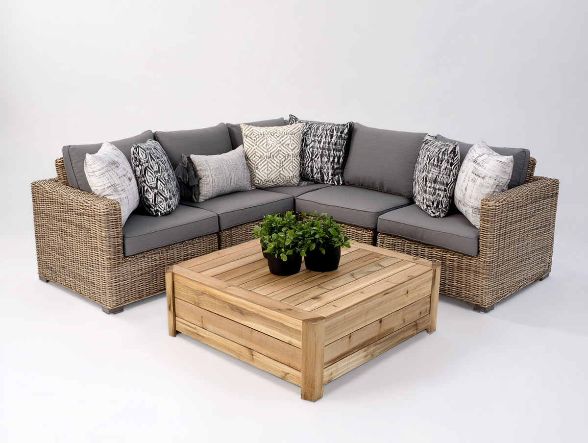 Divani da esterno - Rattan sintetico PE-Tessuto-Legno - 240x240x76 cm - Marrone naturale-Grigio antracite-Legno naturale - Stile rustico contemporaneo